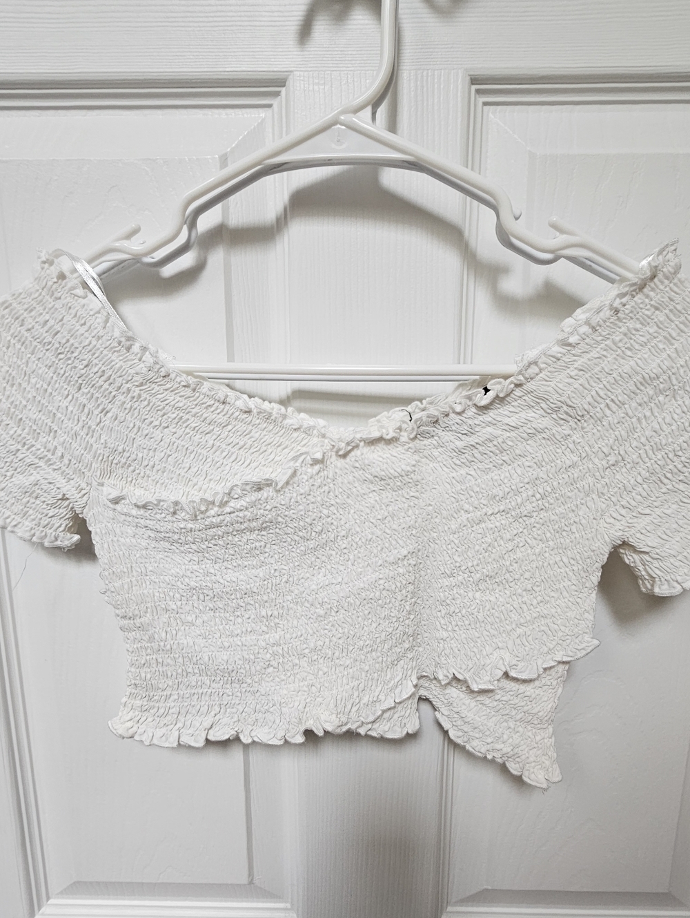 Women’s White Smocked Off-Shoulder Crop Top